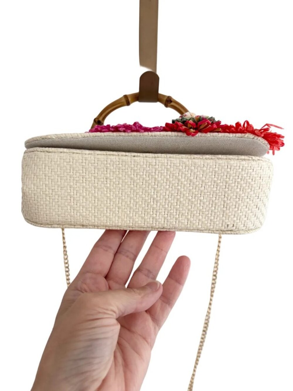 NWT HAUTE HIPPIE Woven Straw Small Hand Bag Bamboo Handle Floral Appliques - Picture 5 of 11
